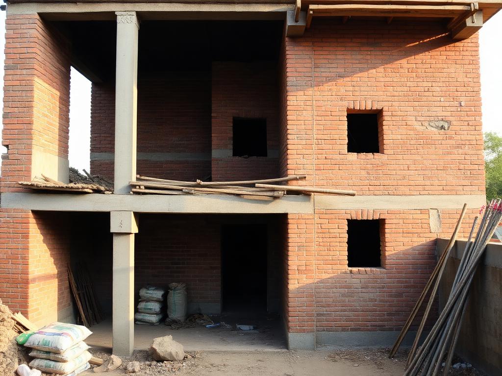 House under construction with brickwork and scaffolding in Burdwan