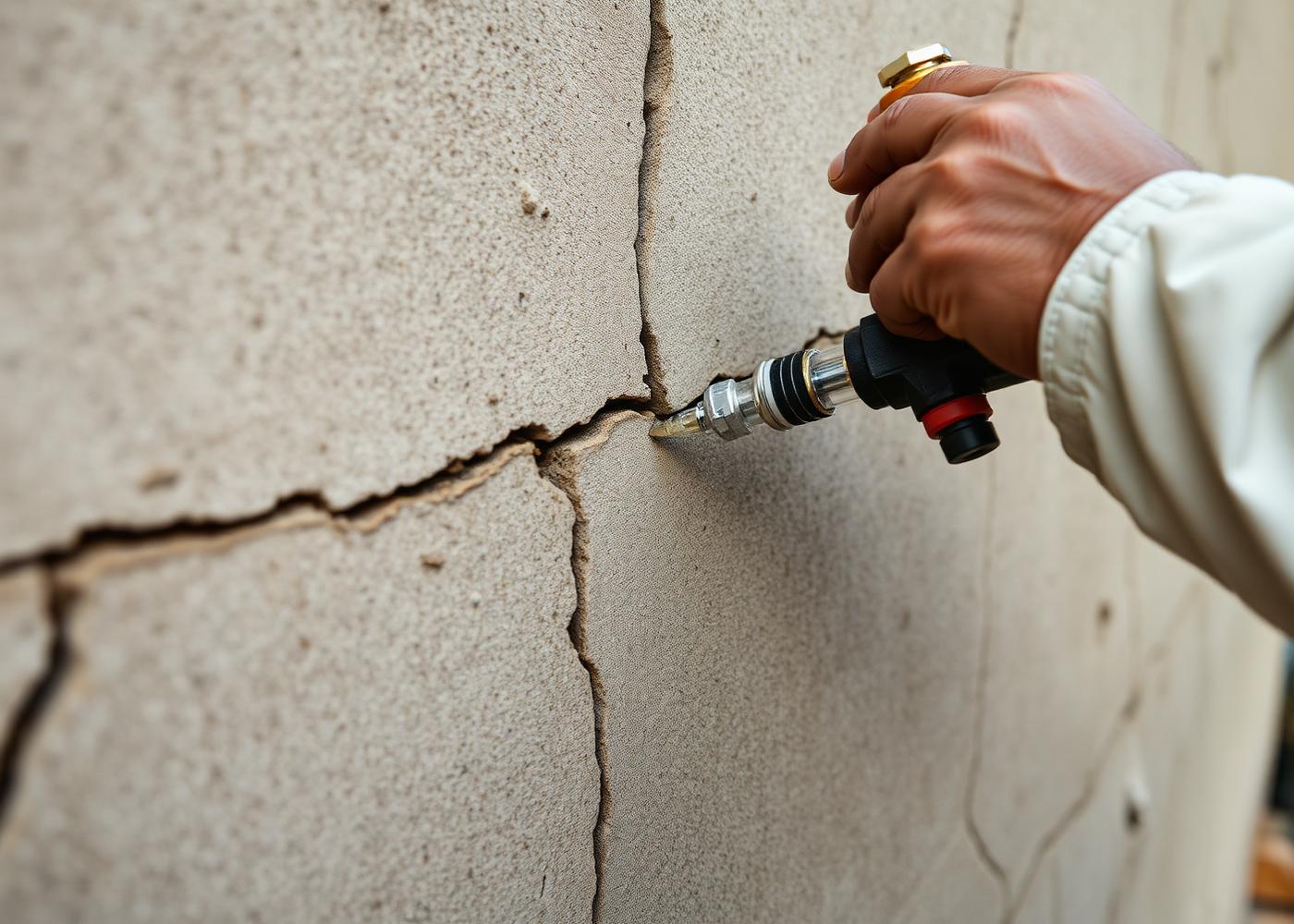 Epoxy crack injection grouting on a cracked wall
