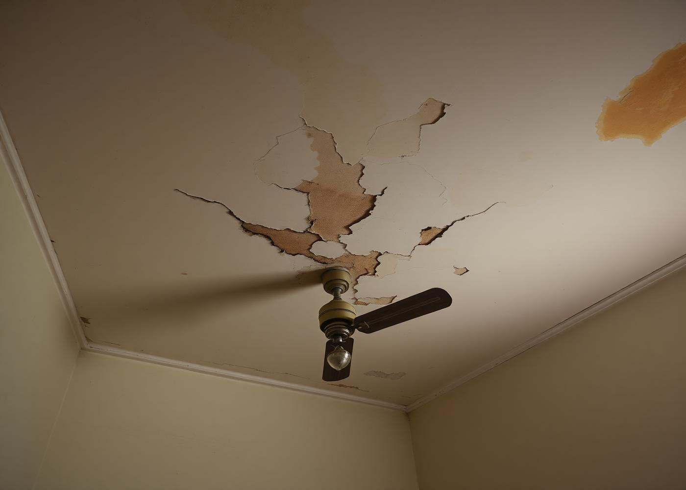 Damp, stained ceiling caused by roof leakage